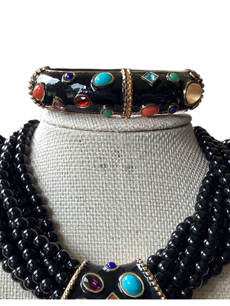 Vintage Kjl Black Enamel & Cabochon Bracelet